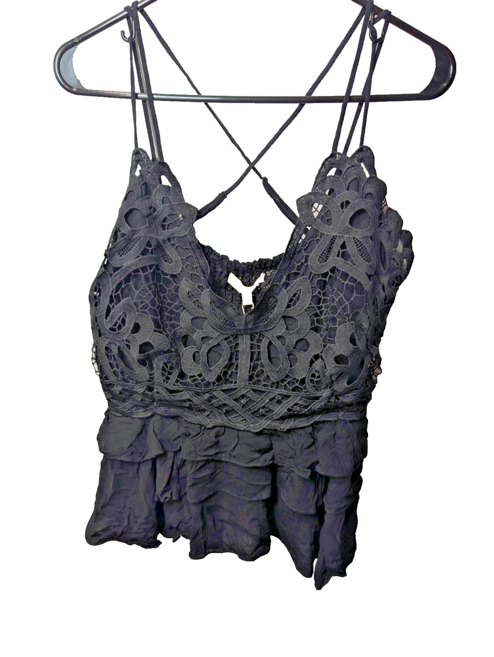 Chelsea Black Lace Crochet Ruffle Cami Tank Top XL Boho Coquette Cottage NWT NEW